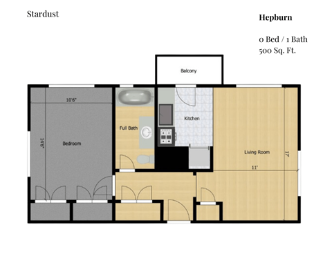 Floor plan for studio, 1 bath, 500 sqft